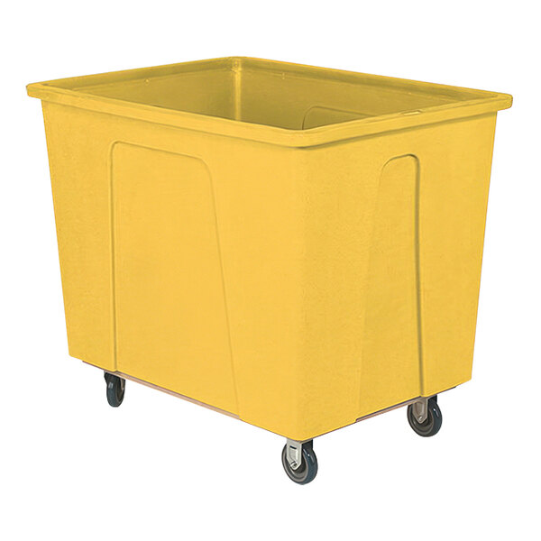 A yellow plastic container with wheels.