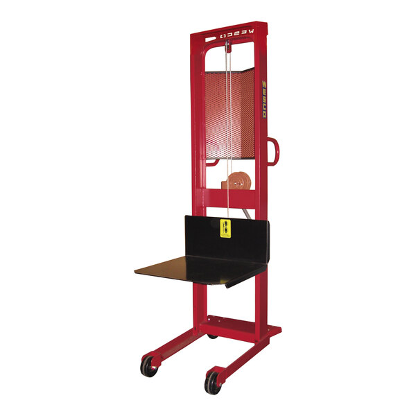 A red and black Wesco Industrial Products hand winch platform stacker.