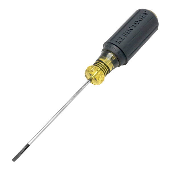A close-up of a Klein Tools screwdriver with a yellow handle and black tip.