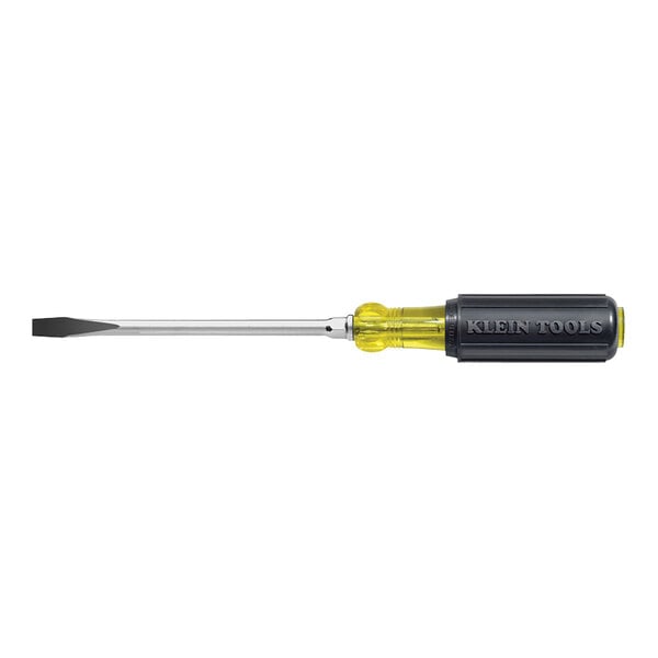 A Klein Tools screwdriver with a yellow handle.