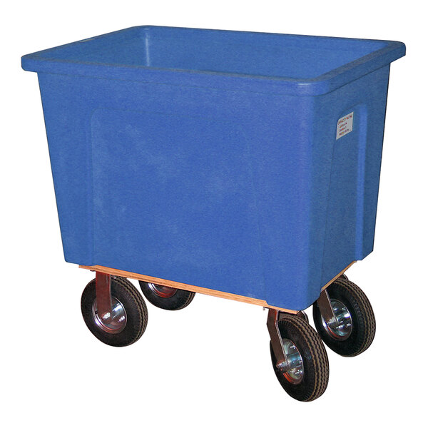 A blue plastic container on wheels.