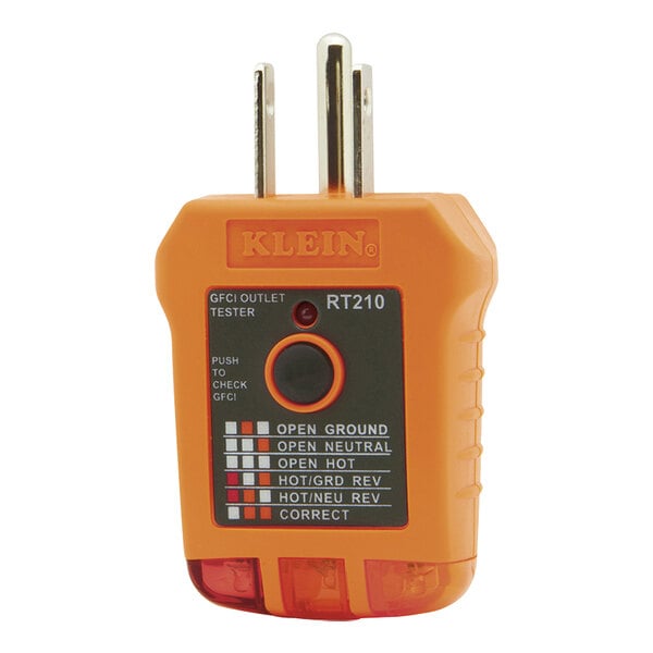 An orange Klein Tools GFCI Outlet Tester.