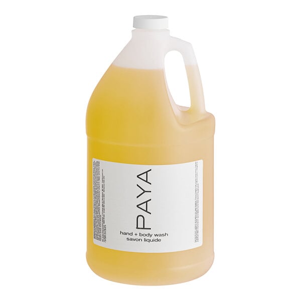 A PAYA Papaya 1-gallon jug of liquid hand and body wash with a white label.
