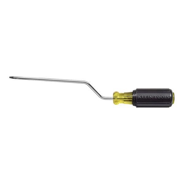 A close-up of a Klein Tools Rapi-Driv screwdriver with a yellow and black handle.