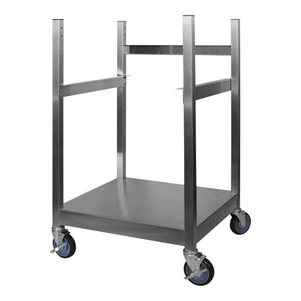 A Sterling Manufacturing stainless steel cart with wheels and two shelves.