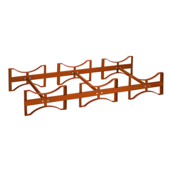 A red metal Wesco rack with curved lines and hooks.