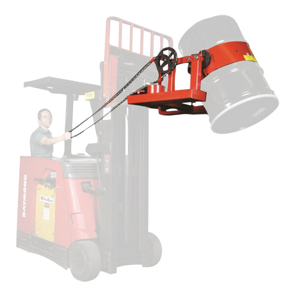 A man operating a Wesco forklift with a chain attached to a drum.