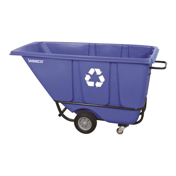 A blue WESCO tilt truck recycle bin with wheels.
