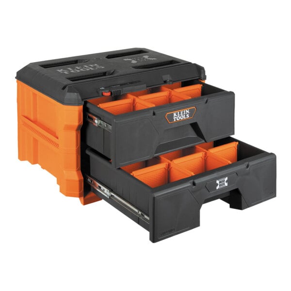 A black and orange Klein Tools MODbox 2-drawer toolbox.