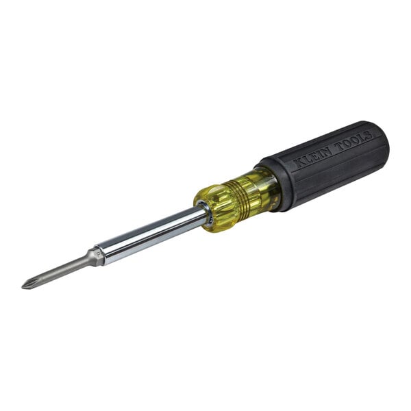 A Klein Tools screwdriver with a yellow and black handle.