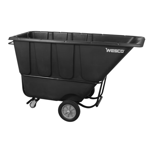 A black plastic container on wheels.