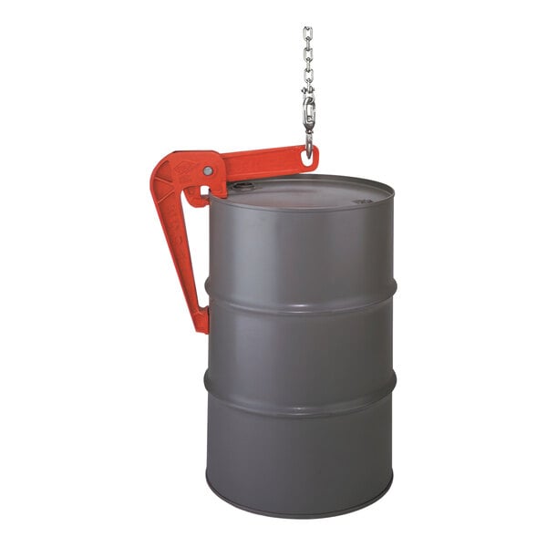 A grey Wesco Industrial Products iron drum lifter attached to a metal drum.