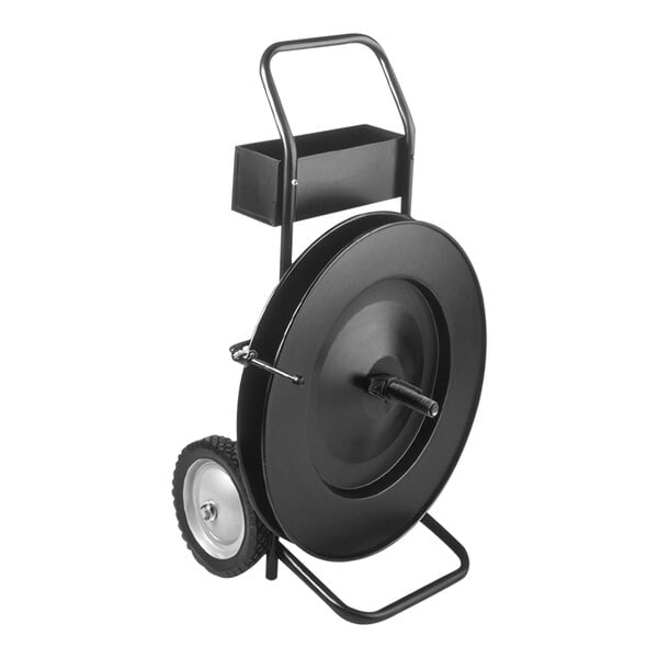A black metal reel on a Wesco universal strapping truck with black wheels and handle.