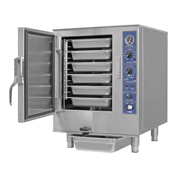 A Sterling Manufacturing countertop electric convection steamer with trays inside.