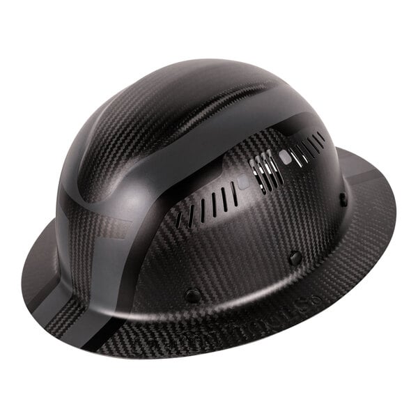 A black Klein Tools carbon fiber hard hat with a grey stripe.