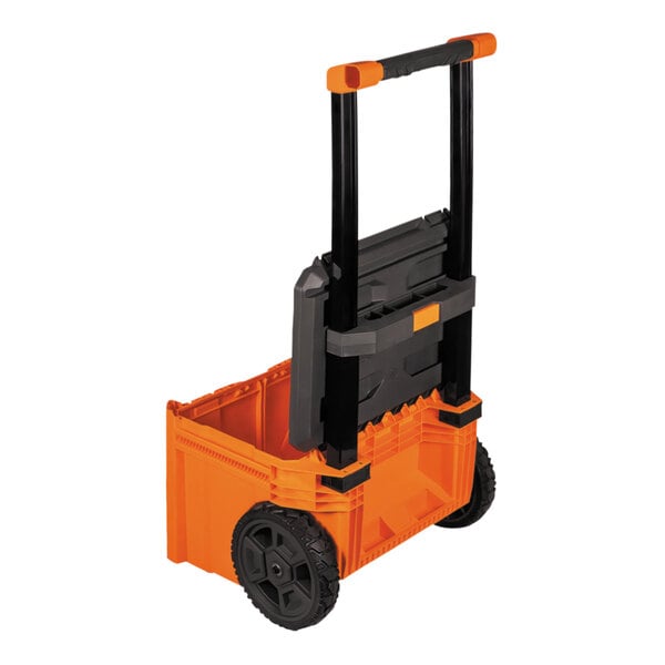 A Klein Tools black and orange rolling toolbox.
