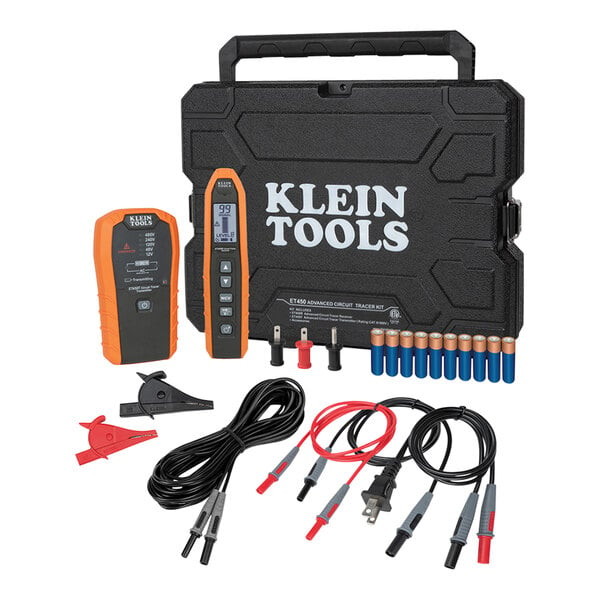 A black case with Klein Tools Advanced Electrical Circuit Breaker Finder and Wire Tracer Kit and wires inside.