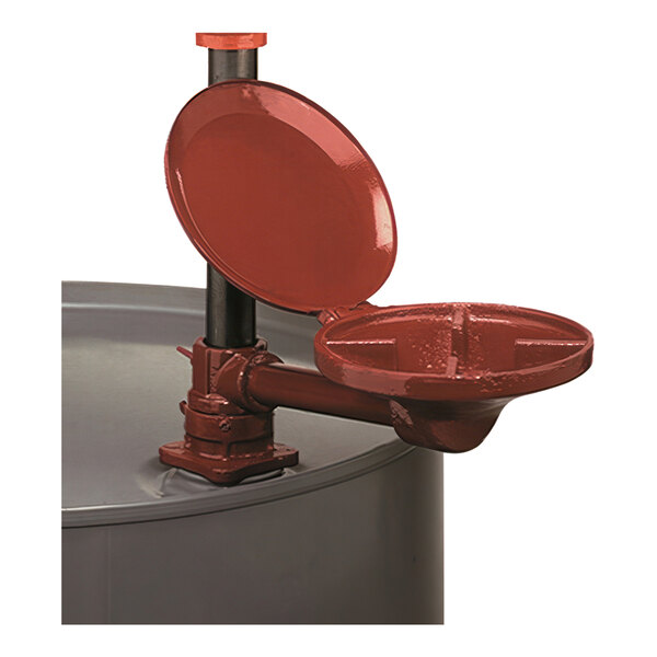 A red metal container with a lid.