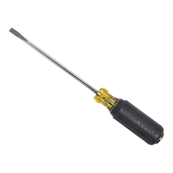 A Klein Tools screwdriver with a black and yellow handle.