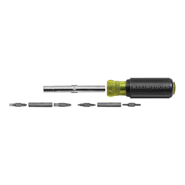A Klein Tools screwdriver with a yellow handle and bits.