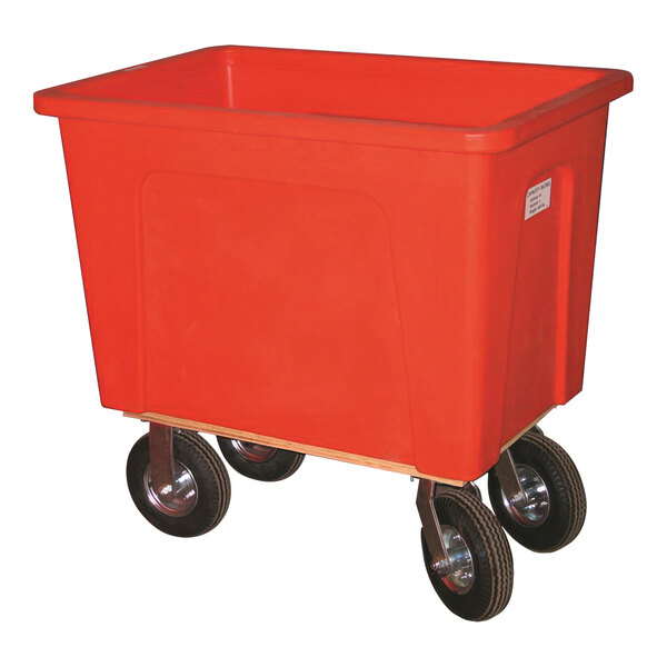 A red polyethylene Wesco box truck with pneumatic casters.