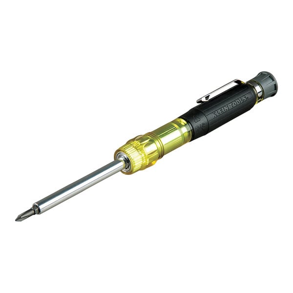 A Klein Tools 3-in-1 HVAC screwdriver with a yellow handle and black accents.