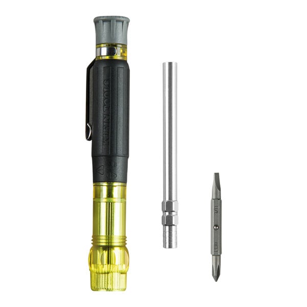 A Klein Tools HVAC pocket screwdriver with black and yellow screwdriver bits.