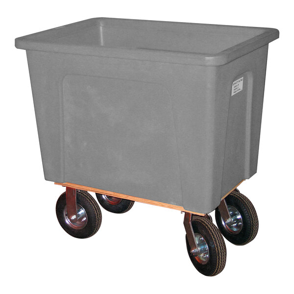 A grey plastic container on wheels.