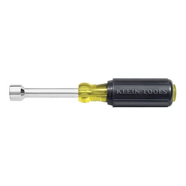 A Klein Tools 1/4" nut driver with a yellow handle and black shaft.