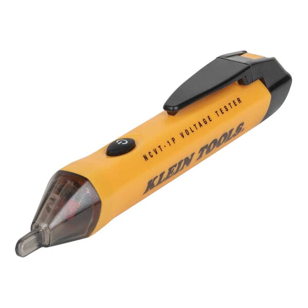 A yellow Klein Tools non-contact voltage tester pen with a black handle.