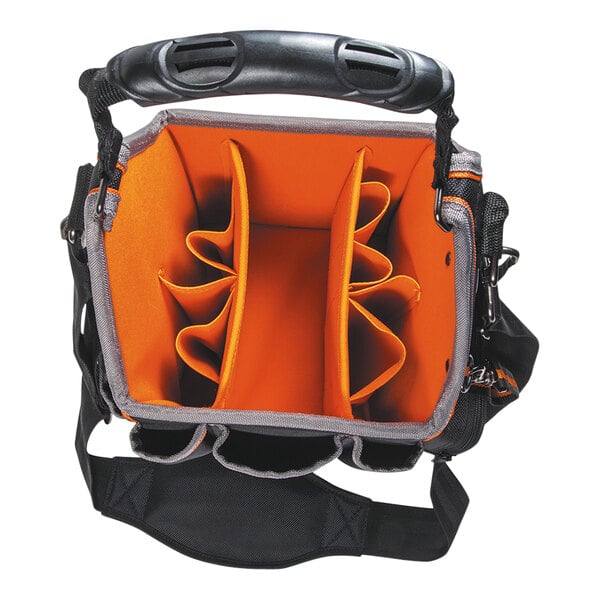 A black Klein Tools tool tote with orange pockets and inside.