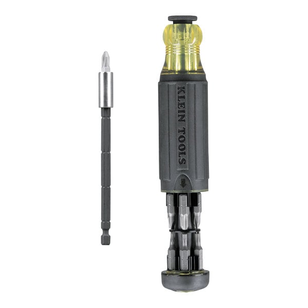 A Klein Tools 14-in-1 Multi-Bit screwdriver with a bit.