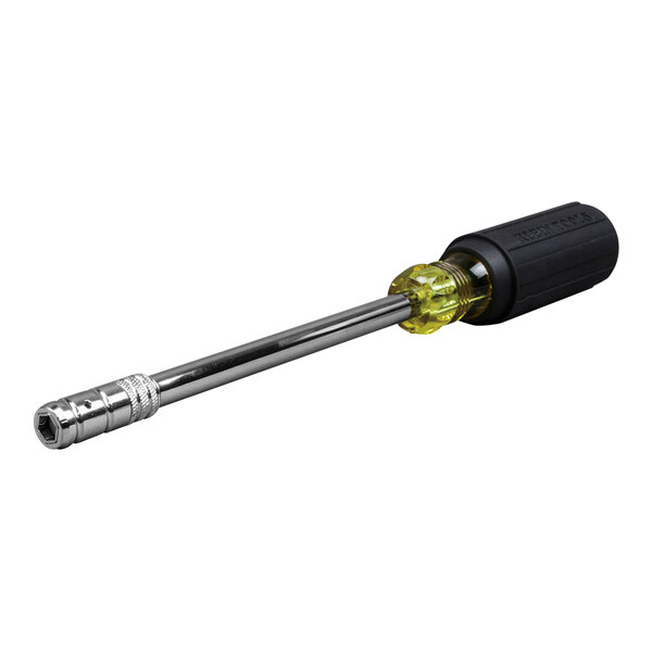 A close-up of a Klein Tools 2-in-1 Hex Head Slide Drive Nut Driver with a black and yellow handle.