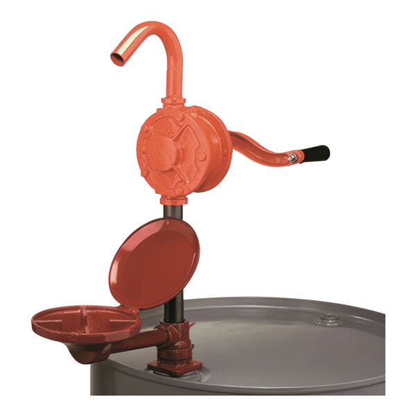 A Wesco stainless steel rotary pump with a red handle.