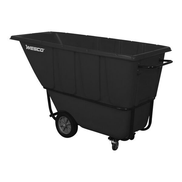 A black plastic garbage cart on wheels.