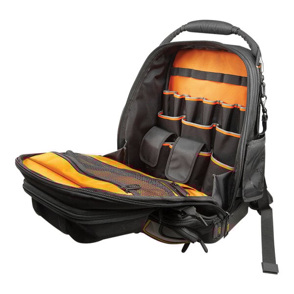 A black and orange Klein Tools backpack with a zippered inside.