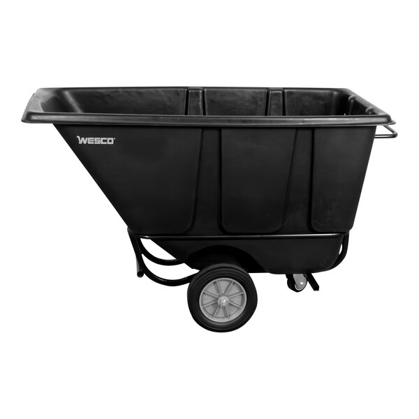 A black plastic container on wheels.