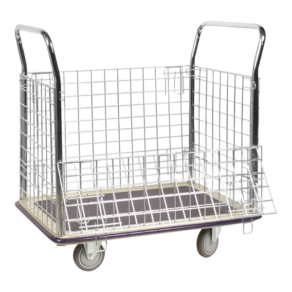 A Wesco steel wire cage platform truck with a metal basket on wheels.