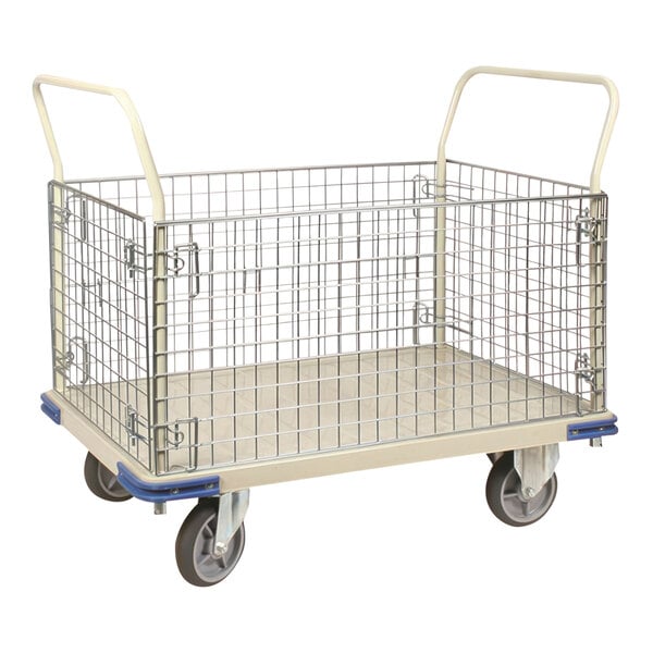 A Wesco heavy-duty steel wire cage platform truck with wheels.