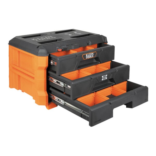 A black and orange Klein Tools 3-drawer toolbox.