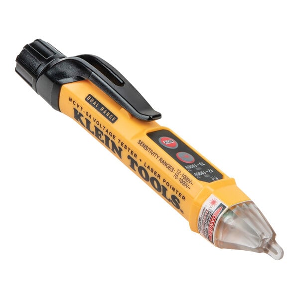 A yellow and black Klein Tools non-contact voltage tester pen.