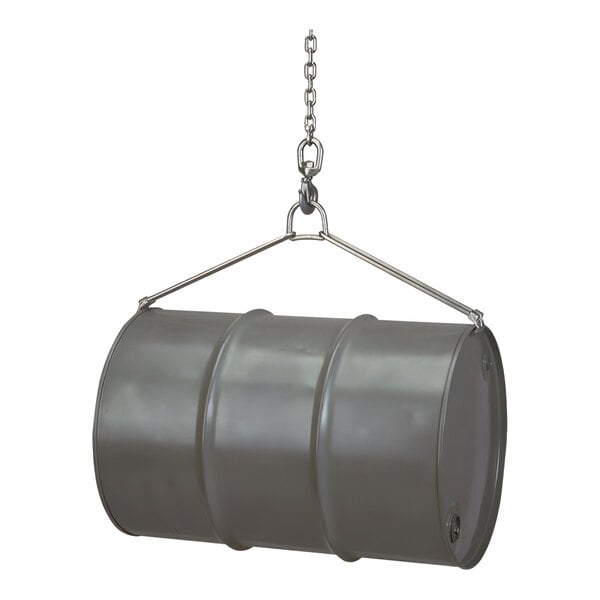 A metal drum hanging from a chain using a Wesco steel drum sling.