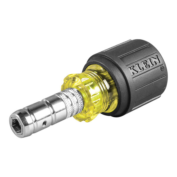 A yellow and silver Klein Tools 2-in-1 hex head screwdriver.