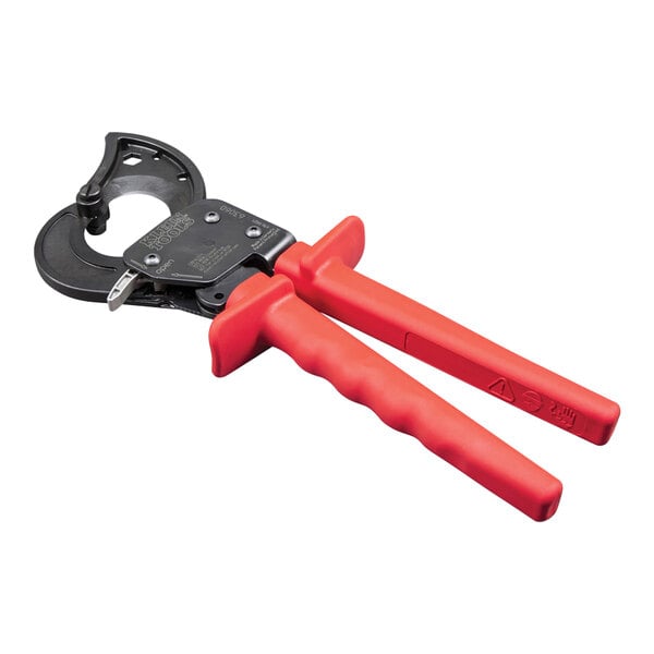 A pair of Klein Tools cable cutters with red handles.