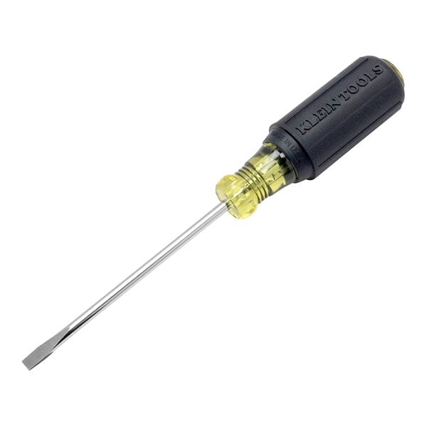 A Klein Tools screwdriver with a yellow and black handle.