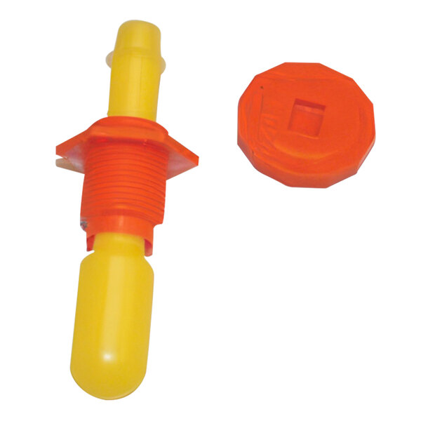 An orange and yellow plastic Wesco drum gauge cap.