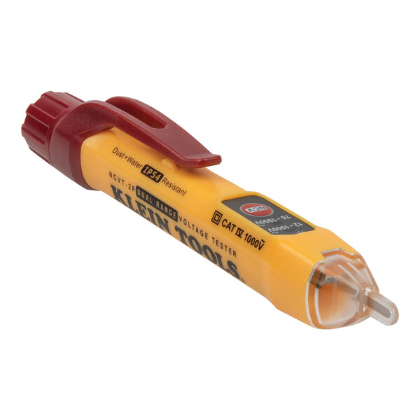 A yellow and red Klein Tools electrical pen with a red cap.