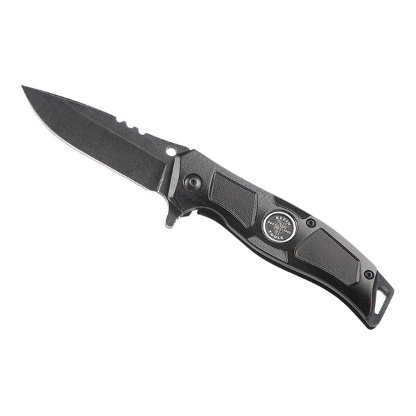 A black Klein Tools electrician's pocket knife with a black handle.