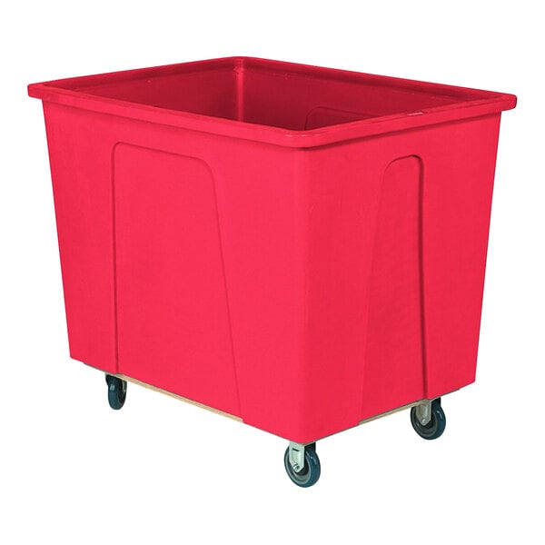 A red plastic container with wheels.