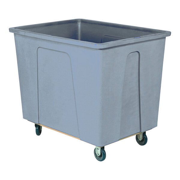 A large grey plastic container with wheels.